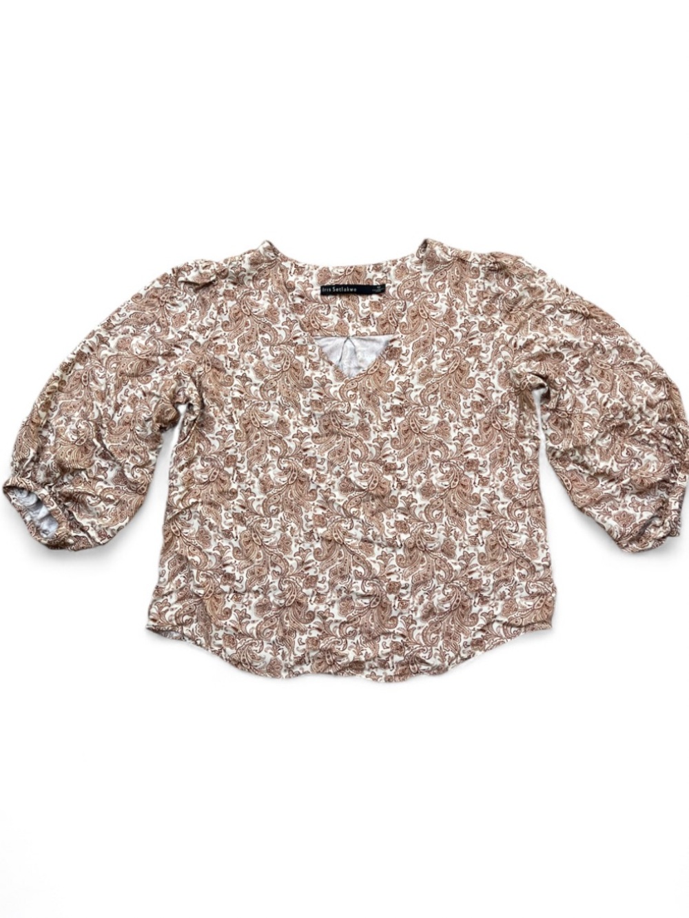 Iris Setlawke size 12 100% viscose Paisley Puff-Sleeve Blouse in Taupe & White